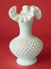 Fenton White Hobnail Milk Glass Ruffled Double Crimped Vase Vintage