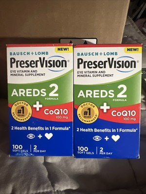 2x Bausch + Lomb PreserVision AREDS 2+ CoQ10 Eye Vitamins - 100 Softgels Ea ..V8
