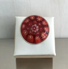 Red w/Daisies Round Murano Millefiori Style Glass Ring Stainless Steel Sizes 6,7