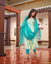 Women Tie dye Printed Blue Kurta With Pant Dupatta , Plus Size Salwar Kameez