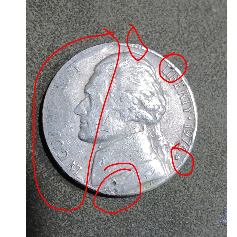 1976 Jefferson Nickel 5C Off-Center Error, Business Strike, Circulated Ungraded