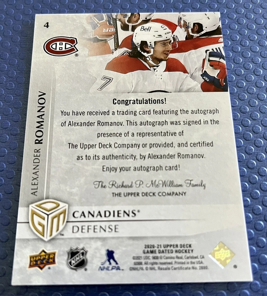 Alexander Romanov 2020-21 Upper Deck Game Dated Moments ACHIEVEMENT AUTO Rookie - Image 3 of 4