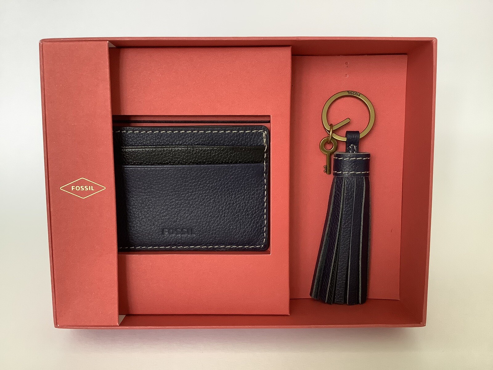 New Fossil Blue Leather 5-Card Holder and Tasselled Key Fob Gift Set Boxed