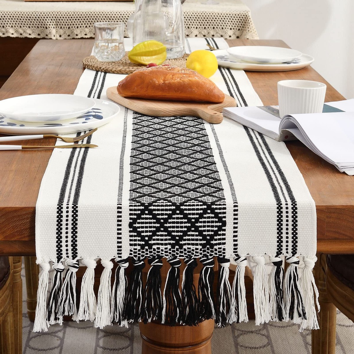 dresser runner boho Woven Table 14 x 48 inches Black and White Rustic Table Runners M Color:Nude / Silver Style > Sleeves: Short-sleeve Watch Devil in a ✓ Buy now!