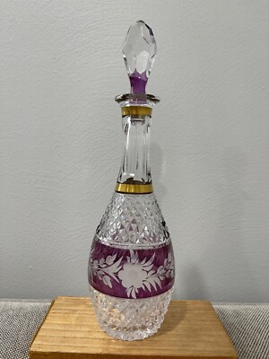 Vintage Bohemian Glass Decanter Clear Amethyst & Gold w/ Etched Flowers Dec.