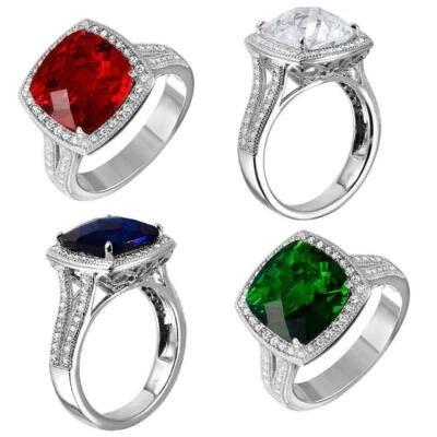 Argent Sterling Halo Carré Bague W / 10 MM (5 CT) Coupe Coussin Coloré Centre Cz - Photo 1/4