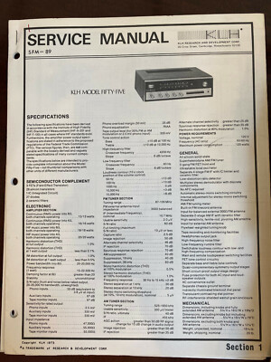 KLH FIFTY FIVE 55 Receiver Service Manual **ORIGINAL**