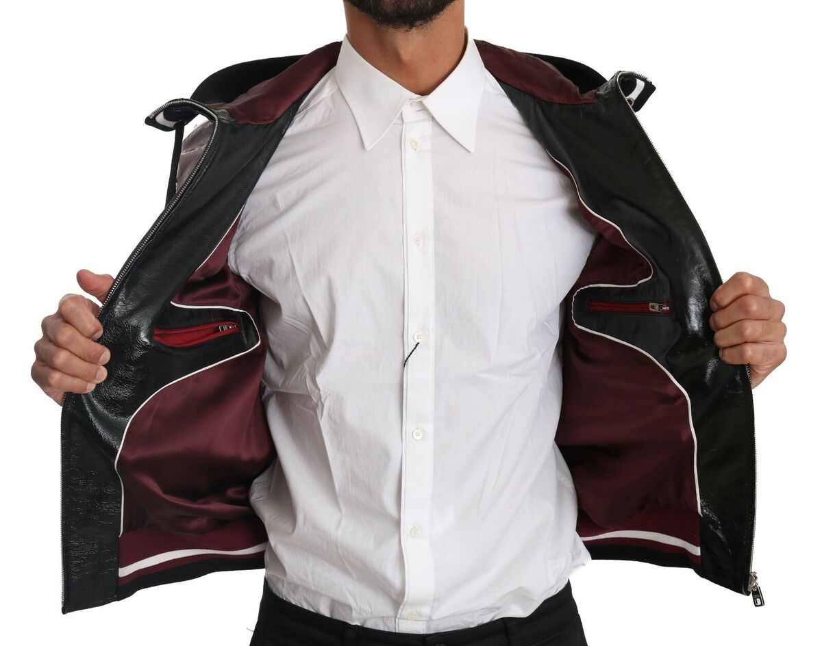 DOLCE & GABBANA Jacket Black Bordeaux Hooded Leather DG King DOLCE & GABBANA Jacket Black Bordeaux Hooded Leather DG King