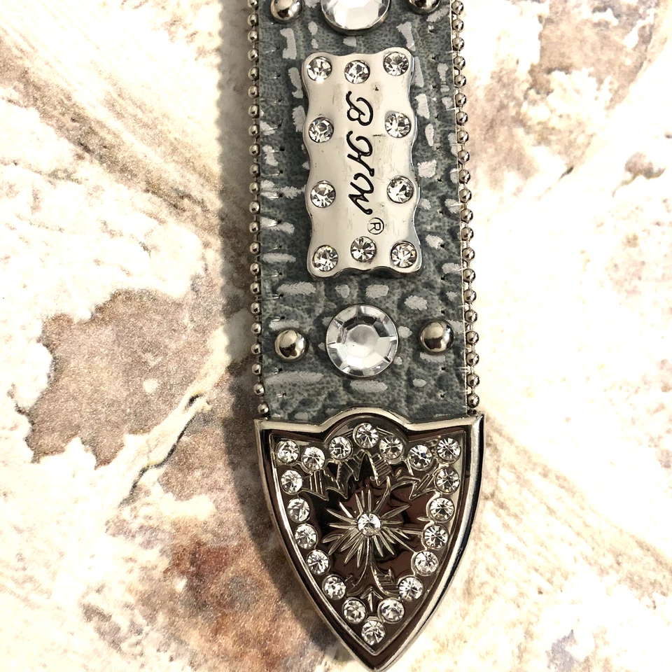 Womens Leather Belt Size L Cowgirl Crystal Studs Western Silver Blue 33~37" - Image 3 of 4