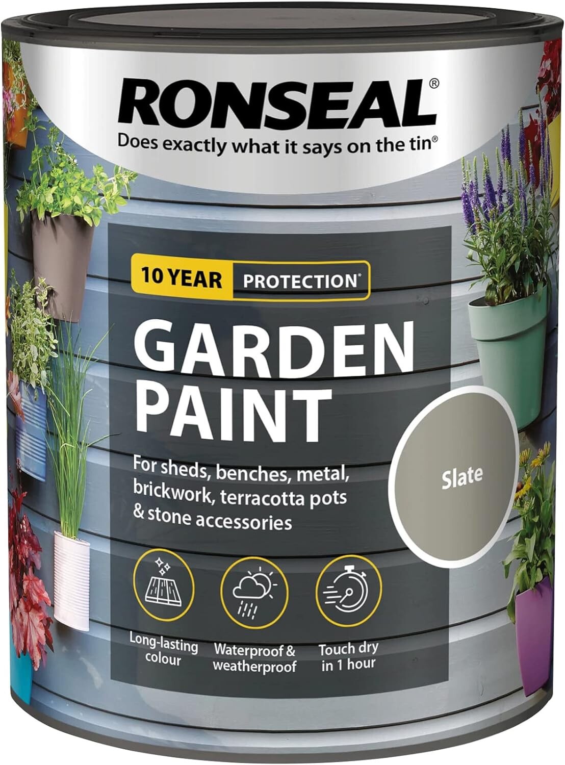 Ronseal Garden Paint Metal Wood Brick Stone Shed Furniture Pots 750ml - Slate