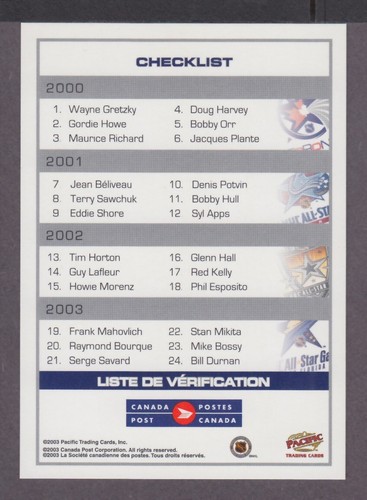 CANADA POST ALL-STAR CHECK LIST FOR 2000, 2001, 2002 & 2003 - Picture 2 of 2