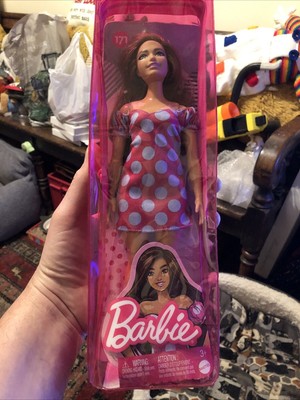 Barbie Fashionista Puppe 171 mit Vitiligo trägt rosa gepunktetes Kleid Übergröße