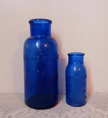 Antique & Vtg Glass Bottle Lot of 2-BROMO-SELTZER Cobalt Blue Emerson Drug Co.