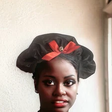 Bonnet Gothic Womens Satin Night Sleep Hair Cap Hat #5 Black Red Bow Skull