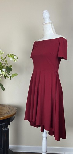 NWT Sz. L CQUY Dress A-line Flare Maroon High Low Hem Off Shoulder Stretch - Picture 2 of 10