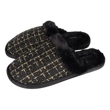 New NINE WEST SLIPPERS Black  Gold Tweed FAUX FUR TRIM  LINER 9-9.5-10 Large