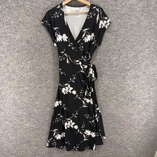 Old Navy Wrap Dress Women M Medium Black Floral Midi V-Neck Tasseled Tie Up
