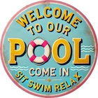 Welcome To Our Pool Vintage Metal Sign Round Retro Outdoor Patio Decoration Gift
