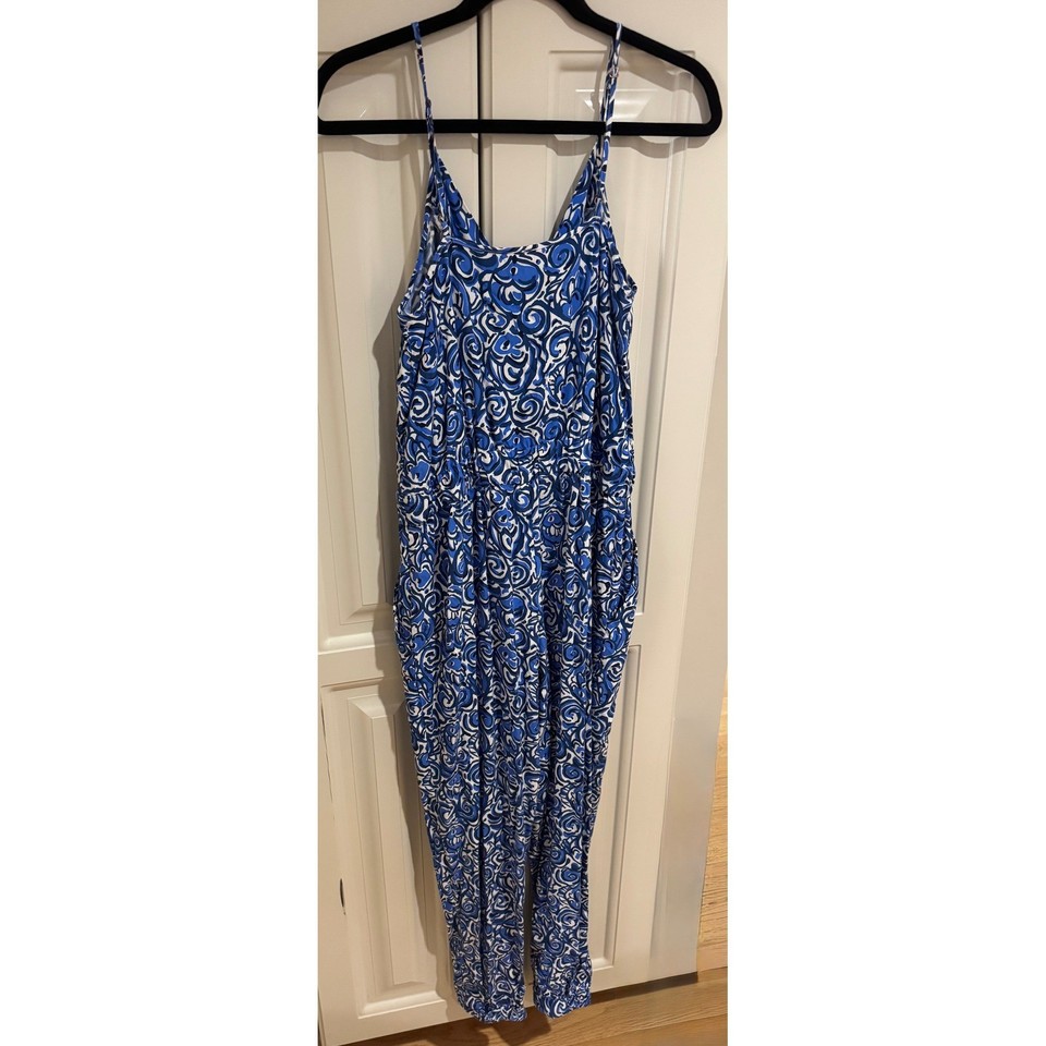 Lilly Pulitzer Jumpsuit Blue White Print Sleeveless Size Medium Side ...
