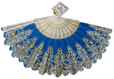 Vintage Fabic Glitter Etched Plastic Folding Fan Blue White Gold 10"