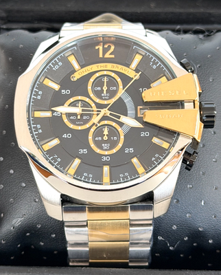 DIESEL DZ4581 Mega Chief Silver/Gold-Tone Chronograph Watch BNWT 