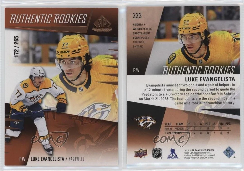 2023 SP Game Used Authentic Rookies Bronze 172/265 Luke Evangelista #223 - Image 3 of 3