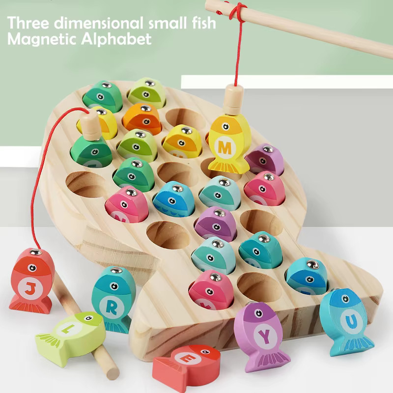 Montessori Wooden Magnetic Fishing Game Alphabet Number Cognitive Toy Kids Gift
