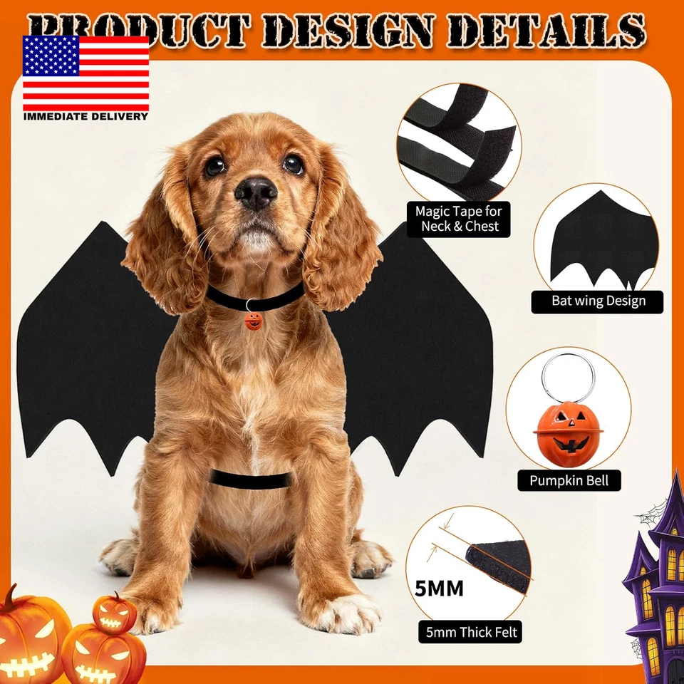 Disfraces de Halloween para perros medianos, alas de murciélago de perro con campana de calabaza salón de mascotas Foto 3 de 4
