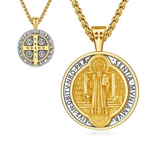 Authentic 18K Gold Plated St Benedict Medals Necklace for Men Women, 925 Sterling Silve...