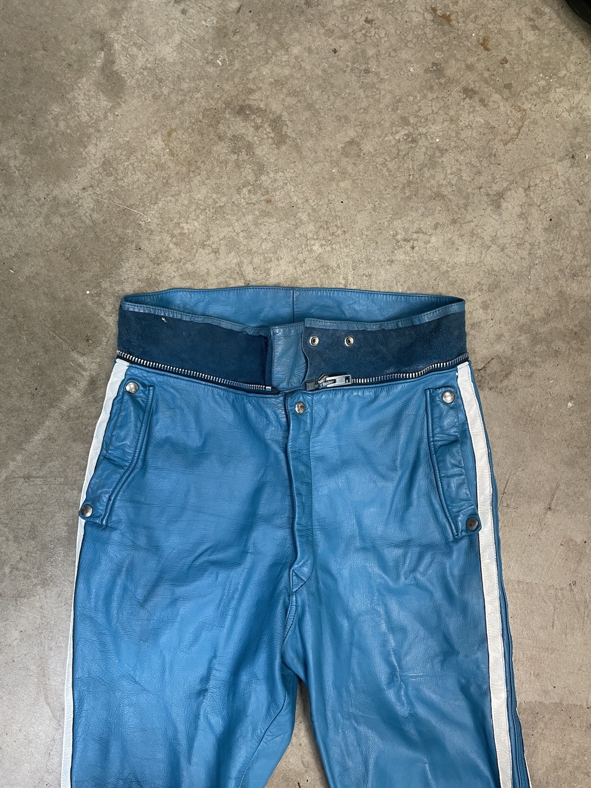 70s blue striped Lewis Leathers Aviakit One Piece Racing Suit. Made in England.