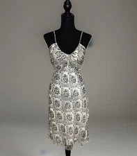 NWT Morrell Maxie Midi Black & White Floral Abstract Beaded Dress Ruffle Hem