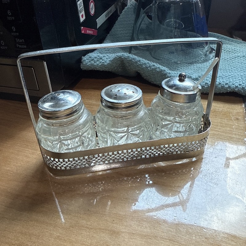 Vintage Condiment Cruet Glass Caddy Set, Salt & Pepper Plus Glass Jar And Tray