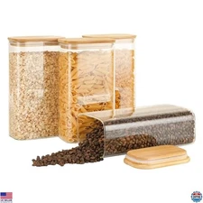 Set of 4 - 56oz Airtight Glass Storage Jars with Bamboo Lids & Black Labels