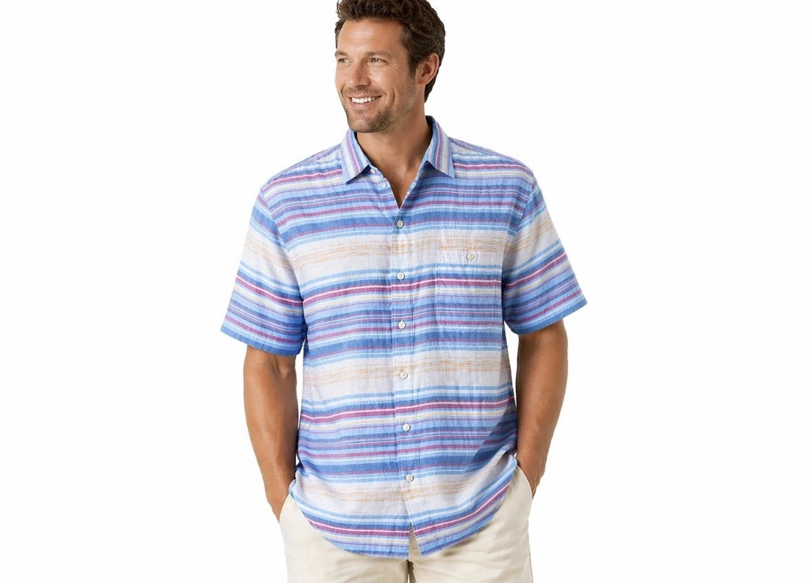 Tommy Bahama Mens Button Down Shirt L Linen Blue Striped Pockets Short Sleeve