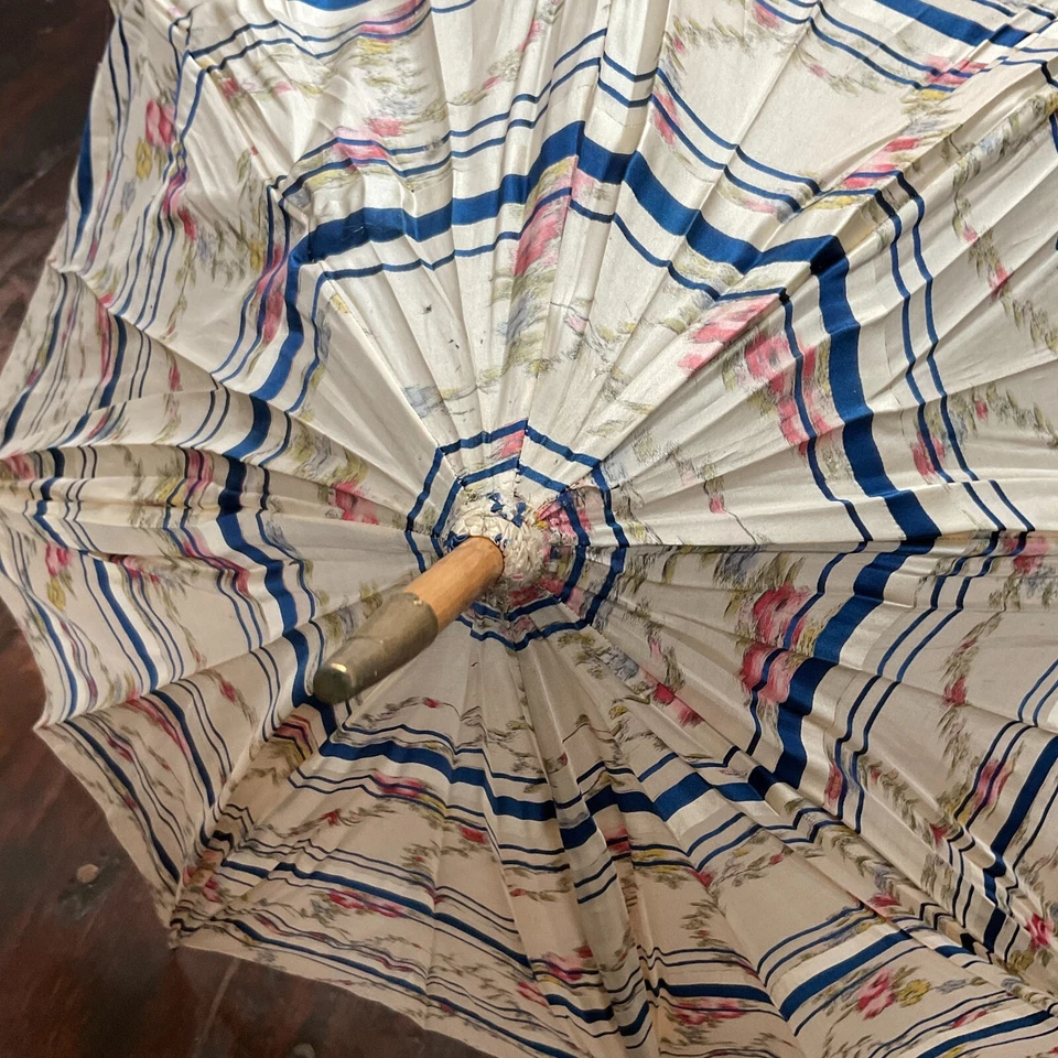 Antique Victorian Handmade Silk Tall Floral Blue Parasol Carved Wooden Shaft - Image 2 of 4