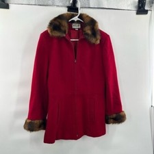 Mdp Mario De Pinto Red Coat With Fur Trim Collar And Sleeves Size M Full Zip