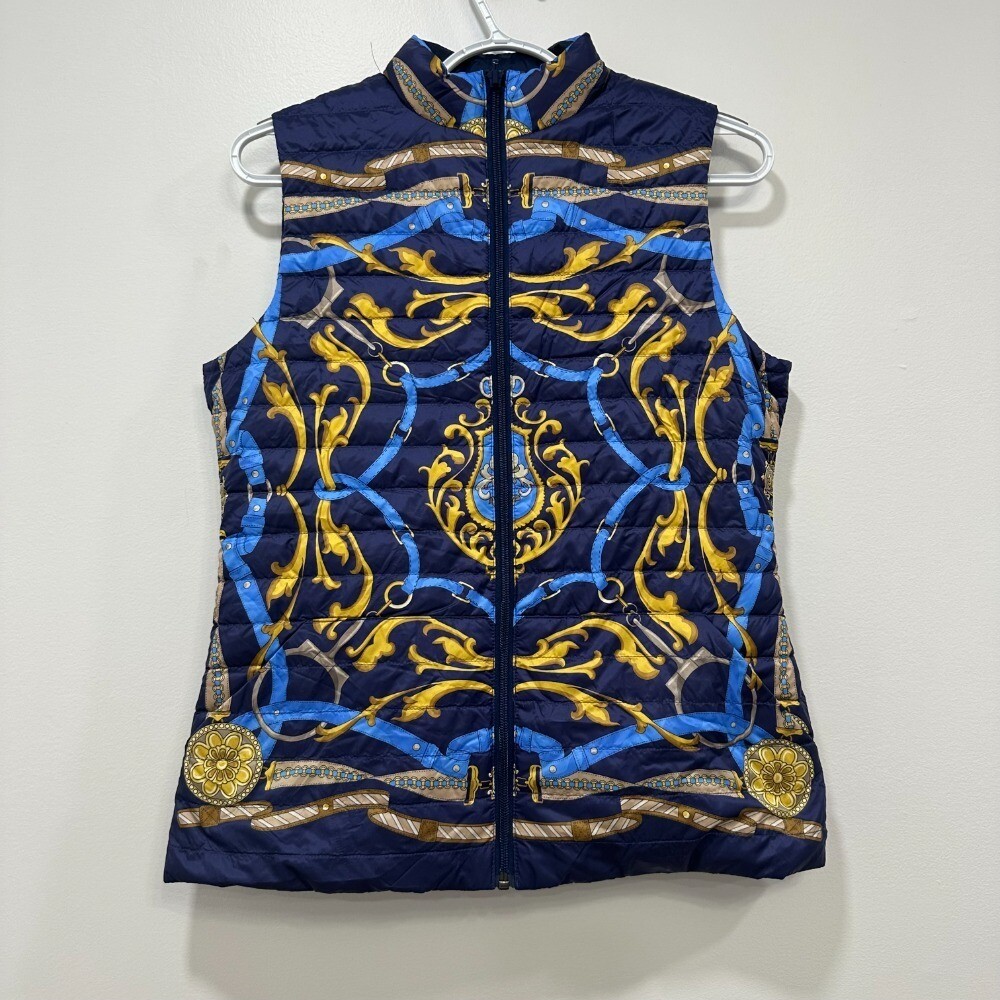 J McLaughlin Reversible Navy Chain Puffer Vest Small Packable Down Filled Zip