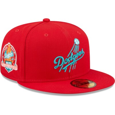 New Era Los Angeles Dodgers Red 5950 Hat 60th Anniversary Size 8 Aqua UV