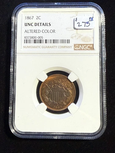 1867 TWO CENT PIECE NGC UNC DETAILS ALTERED COLOR