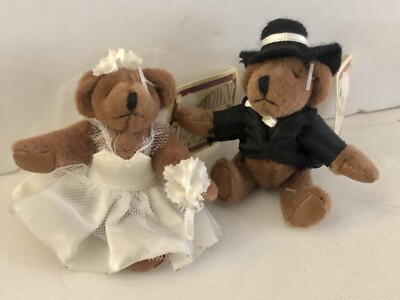 Russ Tiny Town Jointed Plush Teddy Bears Bride & Groom Wedding 3 Inch With Tags