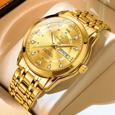 OLEVS Men's Quartz Watch Stainless Steel Band Waterproof Luminous Wristwatch