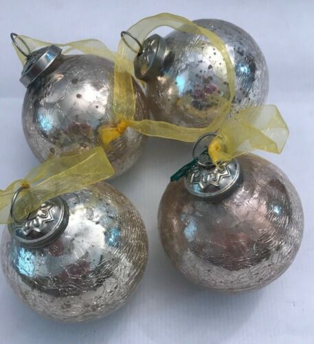 Glass Mercury? Ball Christmas Tree Ornaments Silver Crackled Vintage Set of 4