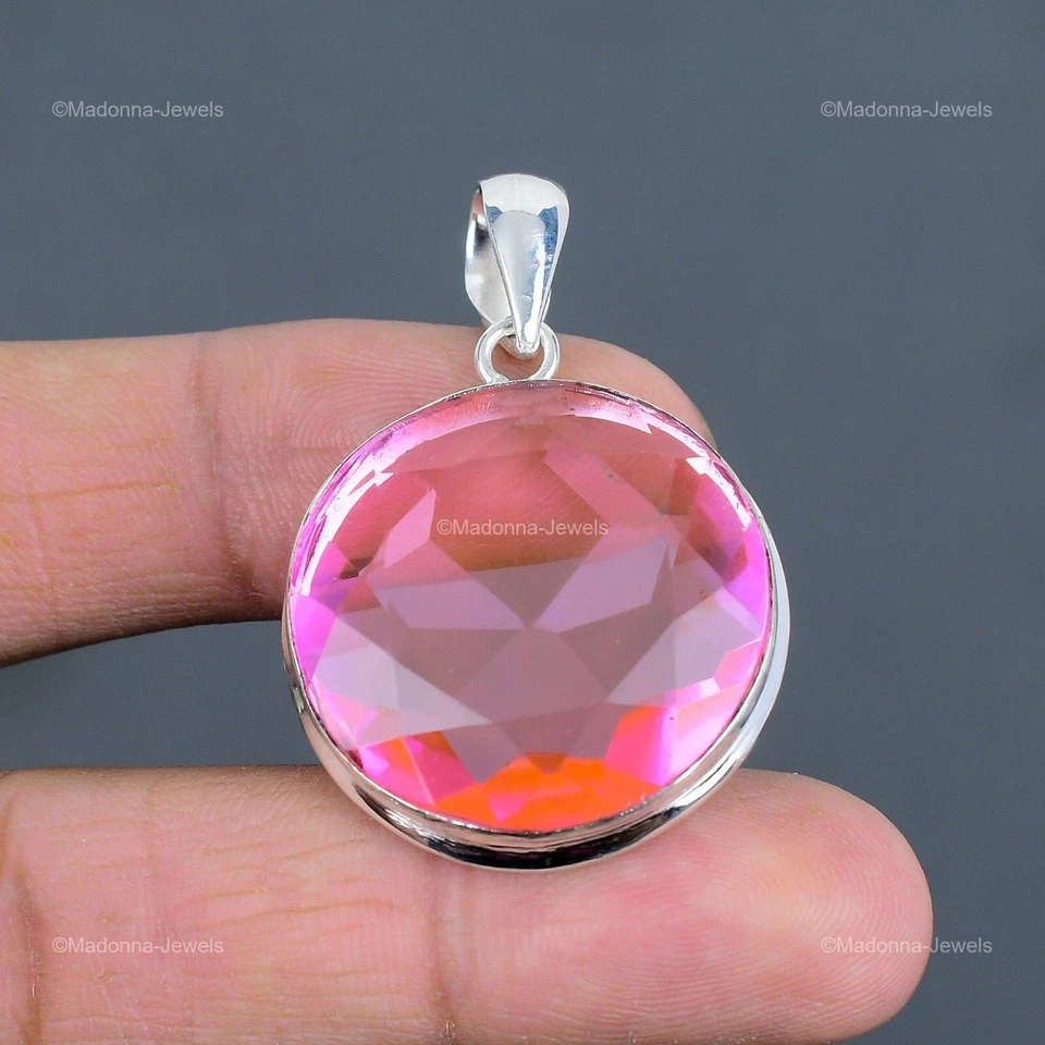 Venta de San Valentín Piedra Kuncita Rosa Bisel de Compromiso Colgante Plata de Ley 925 Foto 3 de 4