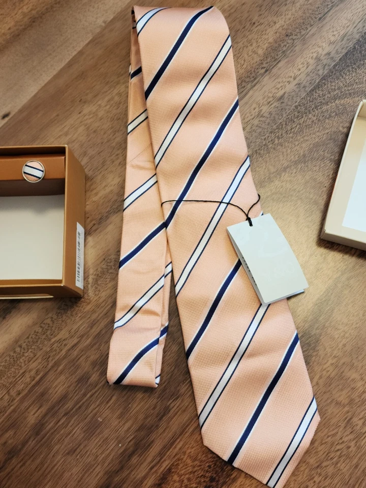 Corbata de seda a rayas azul naranja Y&G con gemelos a juego nueva con etiquetas Foto 2 de 4