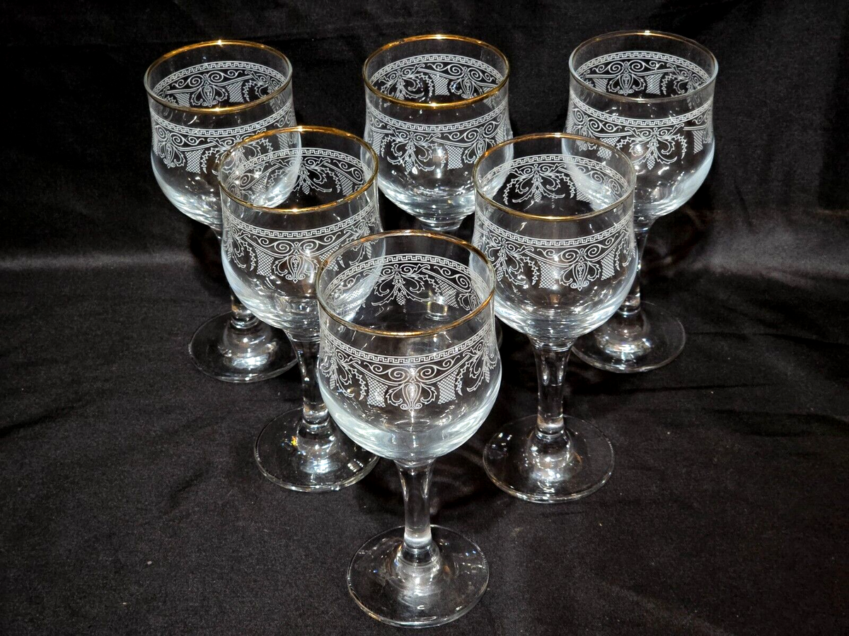 Cellini Etched Crystal Wine Glasses Gold Rim Set of 6 Vintage