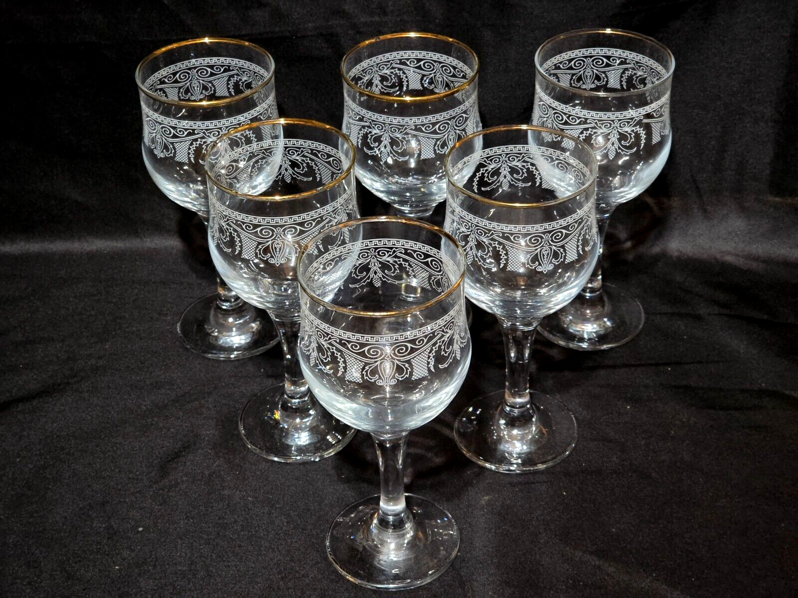 Set Of 6 Vintage Italian CELLINI Etched Crystal Wine Glass 24k Gold Pattern C9N3