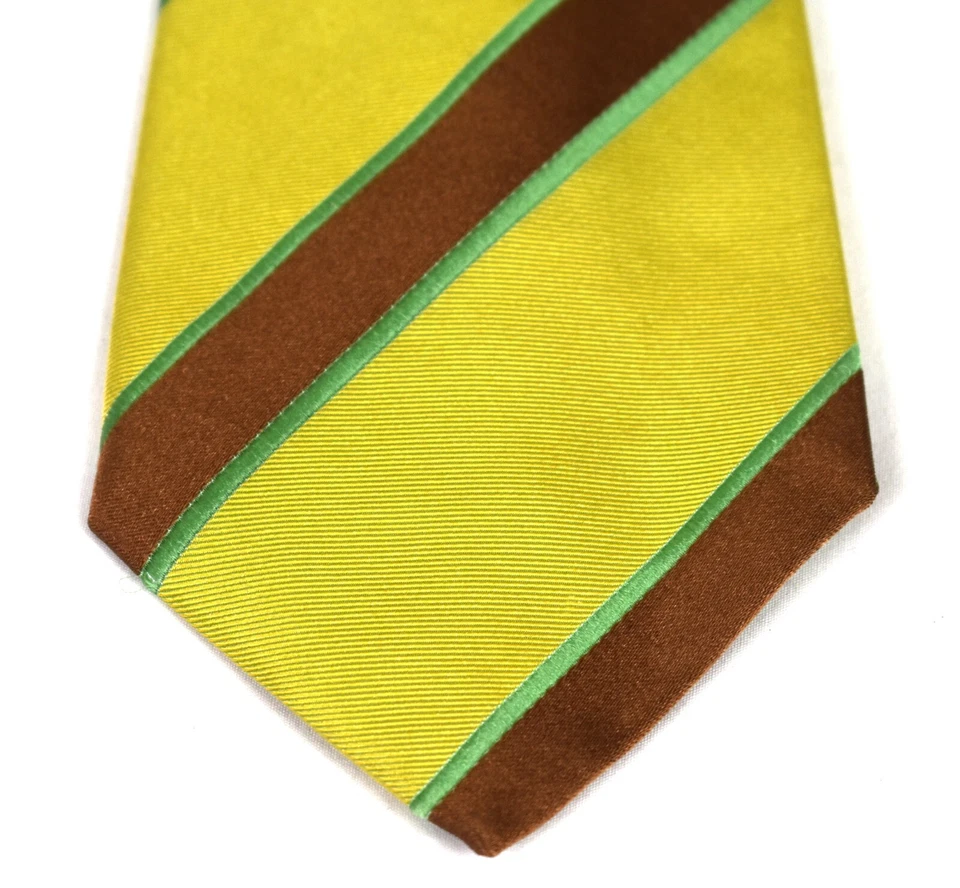 Corbata Xlent KITON dorada con rayas verdes marrones claros 5 pliegues 100 % seda 3,75 x 57 Foto 2 de 4