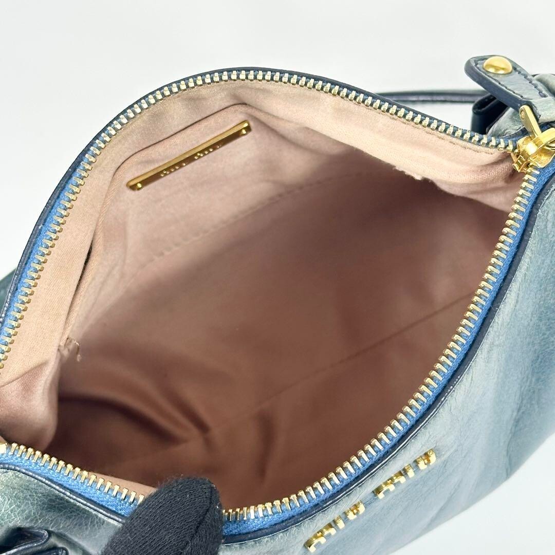 MIUMIU Side Ribbon Leather One Shoulder Bag Light Blue Gold Metal