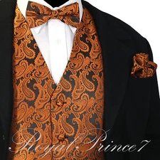 Rust Orange Paisley Tuxedo Suit Dress Vest Waistcoat & Bow tie And Hankie Set