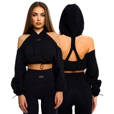 Womens Fashionable Off-Shoulder Cropped Hoodie, Pullover Backless Sweater Top
